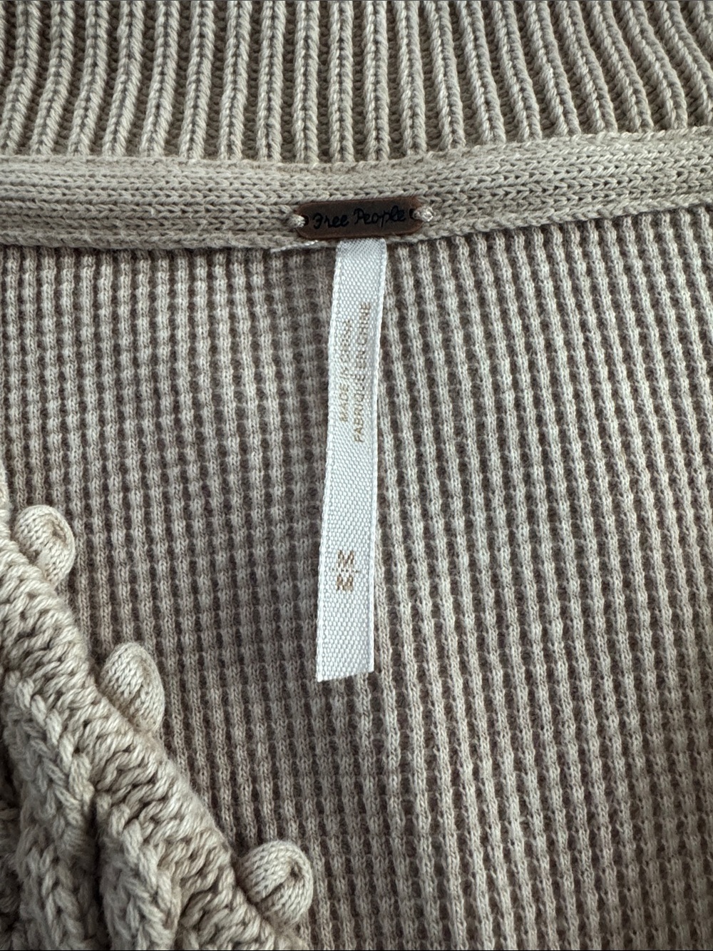 Free People Taupe Waffle Knit Cable-Trim Long Sleeve Top - Picture 3 of 3